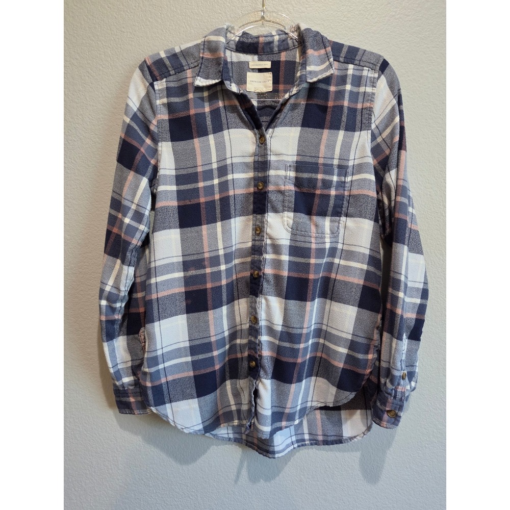 American Eagle Flannel Shirt Girls S Blue Pink Plaid Boyfriend Fit Fair